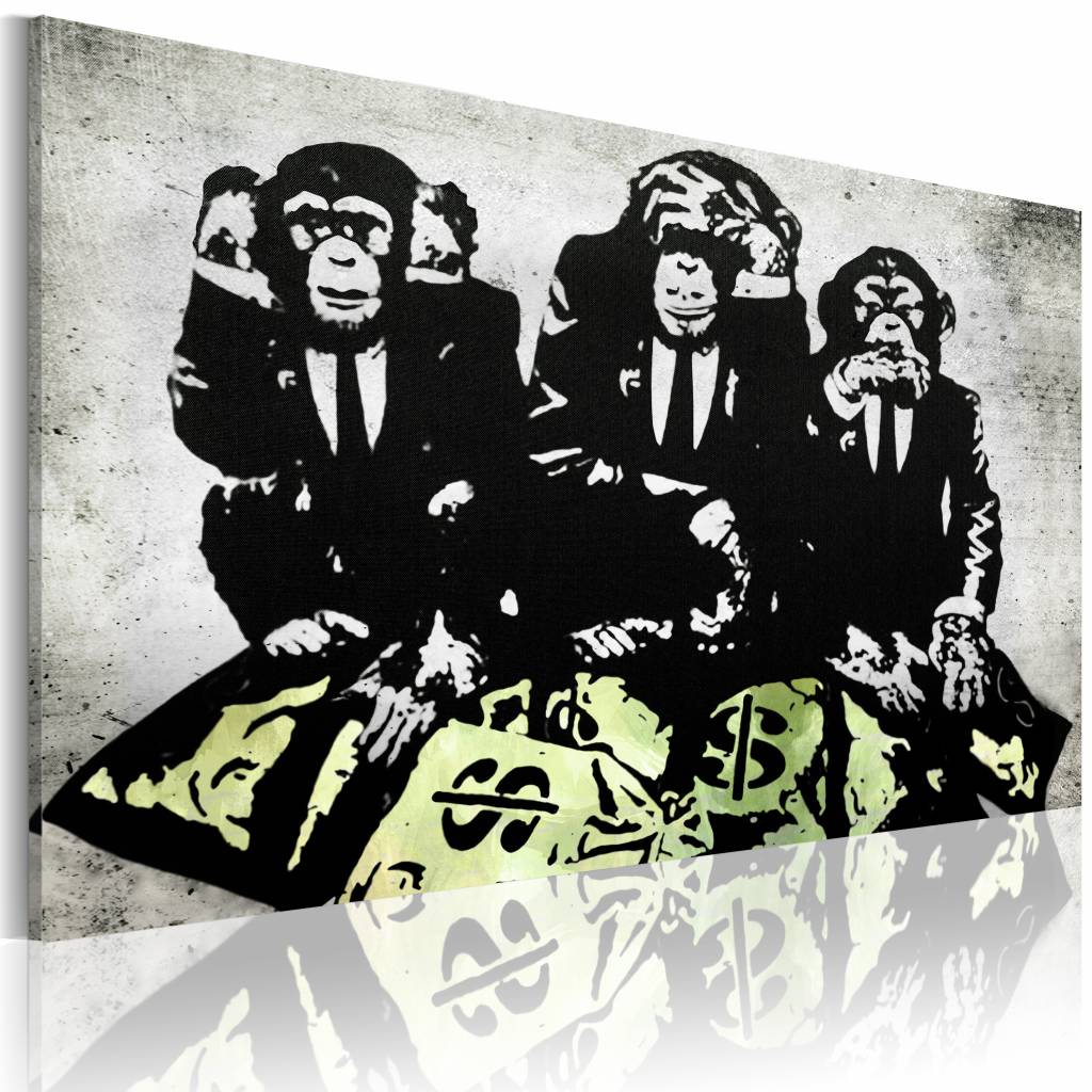 Schilderij - Banksy - Geld is een probleem II , zwart wit geel , wanddecoratie , premium print op ca