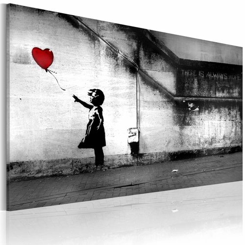 Schilderij - Banksy - Meisje met Ballon, Zwart-Wit 60x40cm , wanddecoratie , premium print op canvas