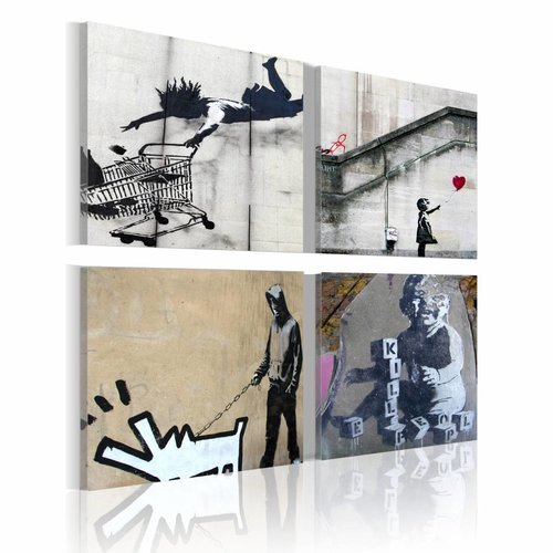Schilderij - Banksy - Originele Ideeën, 4luik , wanddecoratie , premium print op canvas
