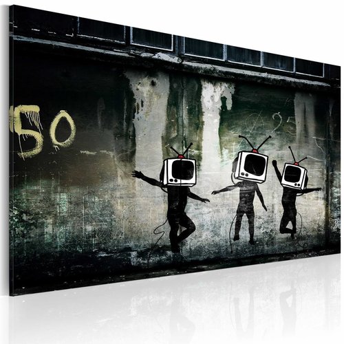 Schilderij - Banksy - TV Heads Dance, 40x60cm  , zwart wit , wanddecoratie , premium print op canvas