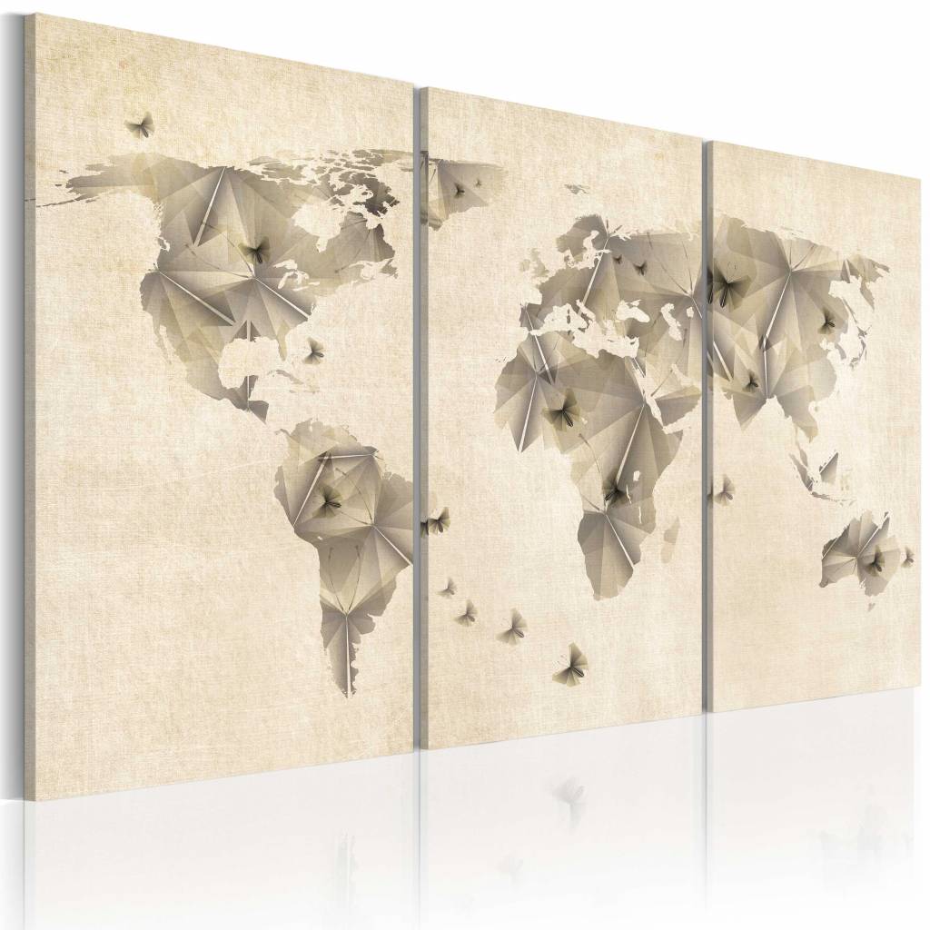 Schilderij - Atlas van vlinders - wereldkaart 3 luik , beige