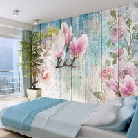 Fotobehang - Roze bloemen op hout, Vliesbehang, voor woonkamer en slaapkamer,  5 maten, Instructie bijgesloten, zeer eenvoudig aan te brengen
