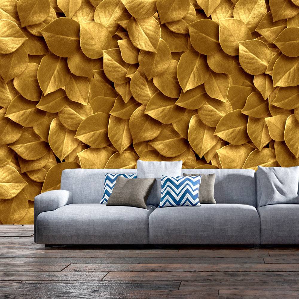 Fotobehang - Gouden bladeren, achtergrond, 5 maten, premium print vliesbehang, voor woon en slaapkam