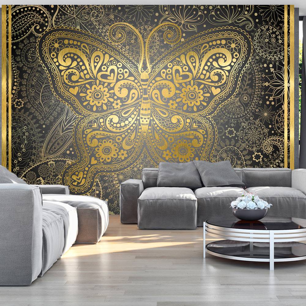 Fotobehang - Gouden vlinder, goud/zwart, mandala, 5 maten, premium print vliesbehang, voor woon en s