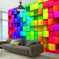 Fotobehang - Kleurige kubussen, Vliesbehang, 5 maten, voor woonkamer en slaapkamer, Instructie bijgesloten, zeer eenvoudig aan te brengen