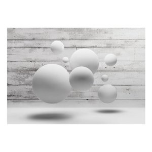 Fotobehang - Witte ballen voor houten schutting, Vliesbehang, 3D look, Instructie bijgesloten, zeer eenvoudig aan te brengen, geen behangtafel nodig