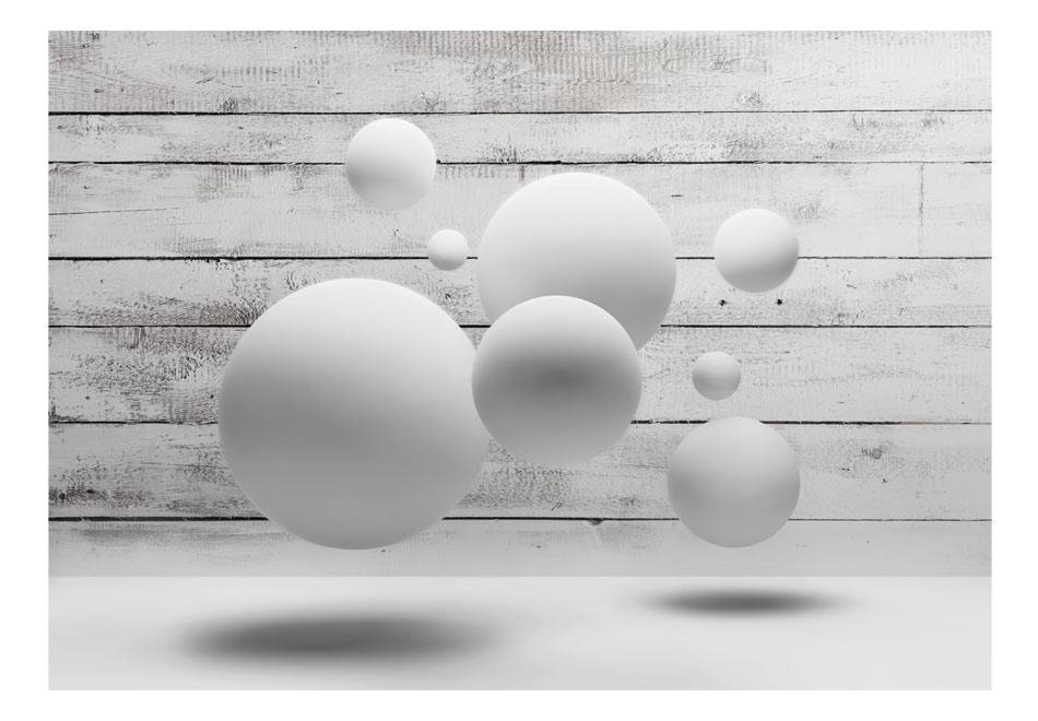 Fotobehang - Witte ballen voor houten schutting, Vliesbehang, 3D look, Instructie bijgesloten, zeer eenvoudig aan te brengen, geen behangtafel nodig afbeelding
