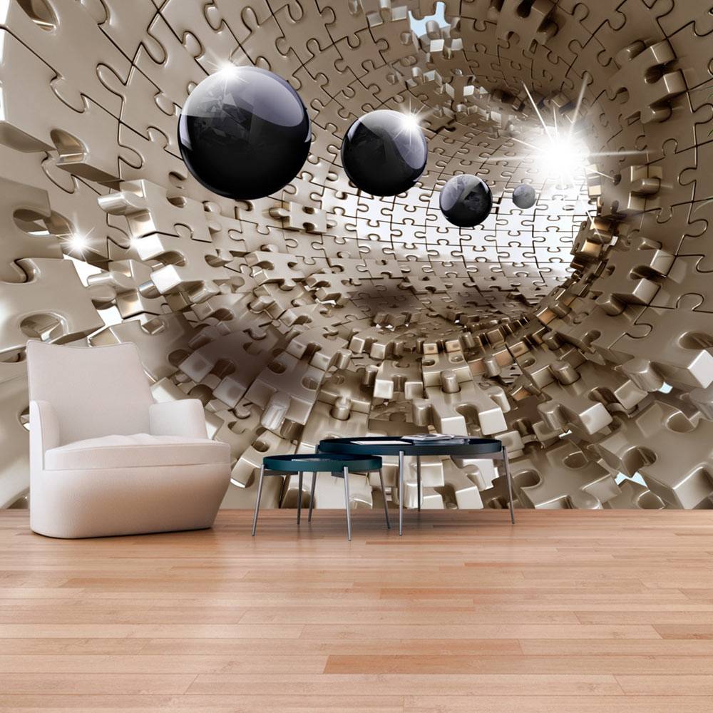 Fotobehang - Gouden puzzel, abstract, goud/zwart, 5 maten, premium print vliesbehang, voor woon en slaapkamer, instructies bijgesloten, zeer eenvoudig aan te brengen afbeelding
