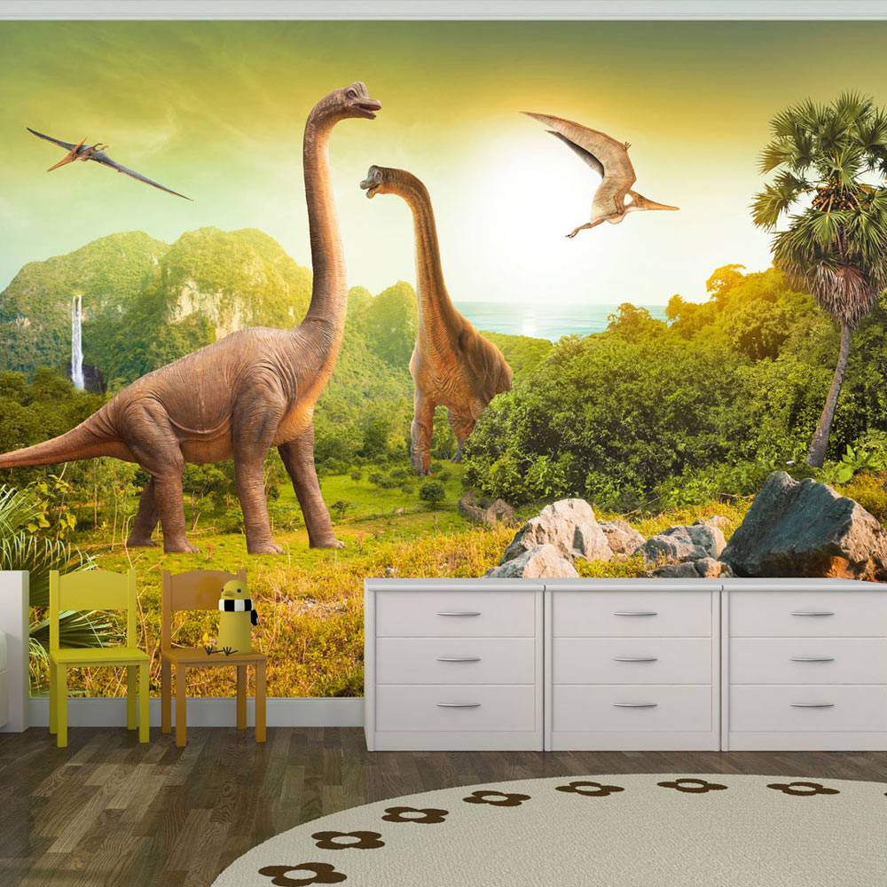 Fotobehang - Vliesbehang Dinosaurus, beige/groen, premium print vliesbehang, 5 maten, kinderkamer, zeer scherp geprijsd, instructies bijgevoegd, geen behangtafel nodig afbeelding