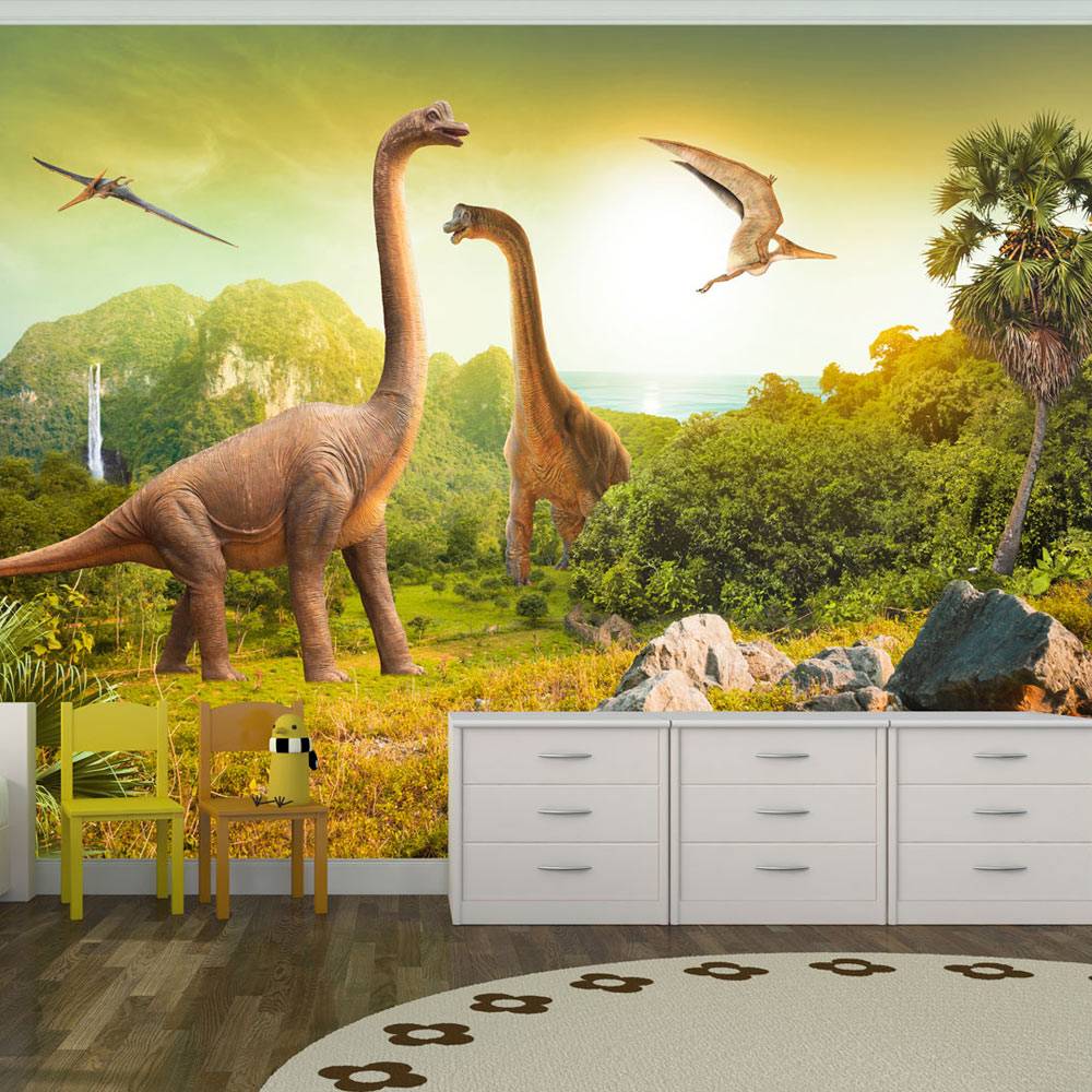 Fotobehang - Vliesbehang Dinosaurus, beige/groen, premium print vliesbehang, 5 maten, kinderkamer, z