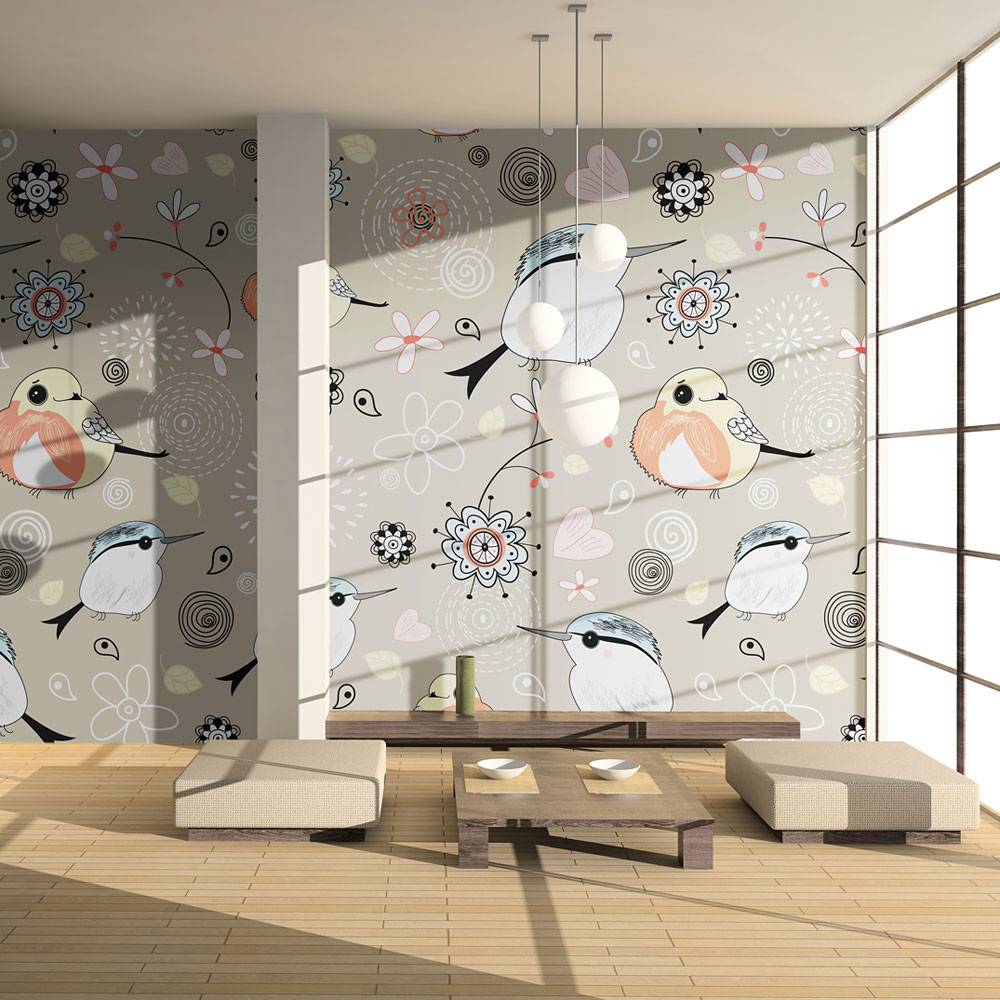 Fotobehang - Vliesbehang Natuurlijke patroon met vogels, kinderkamer, premium print, woon- en slaapk