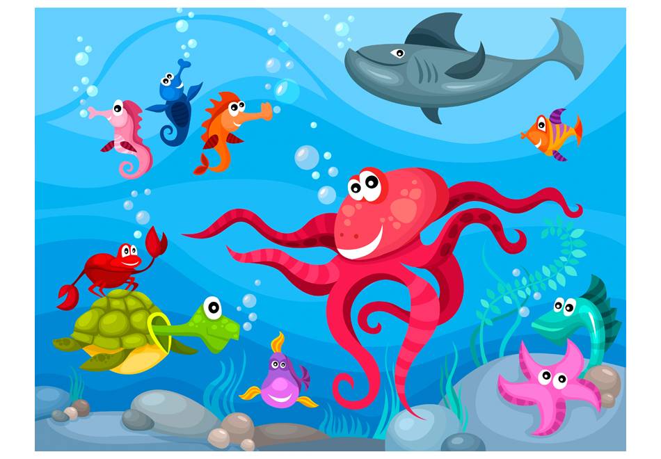 Fotobehang - Vliesbehang Octopus en haai, blauw/rood, kinderkamer, premium print, instructie bijgesl