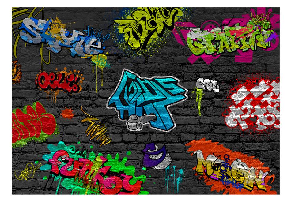 Fotobehang - Graffiti muur, multi-gekleurd, 5 maten, premium print vliesbehang, voor woon en slaapkamer, eenvoudig aan te brengen, geen behangtafel nodig, instructies bijgesloten afbeelding