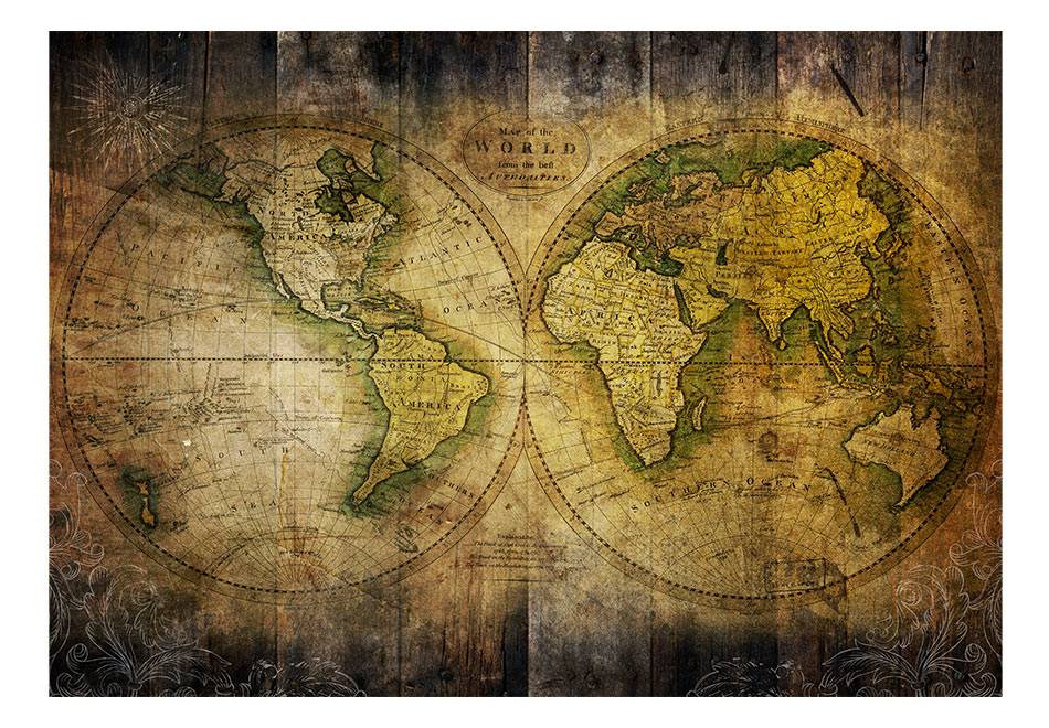 Fotobehang - Vliesbehang Op zoek naar de oude wereld, wereldkaart, premium print, bruin/geel, instructie bijgesloten, geen behangtafel nodig afbeelding