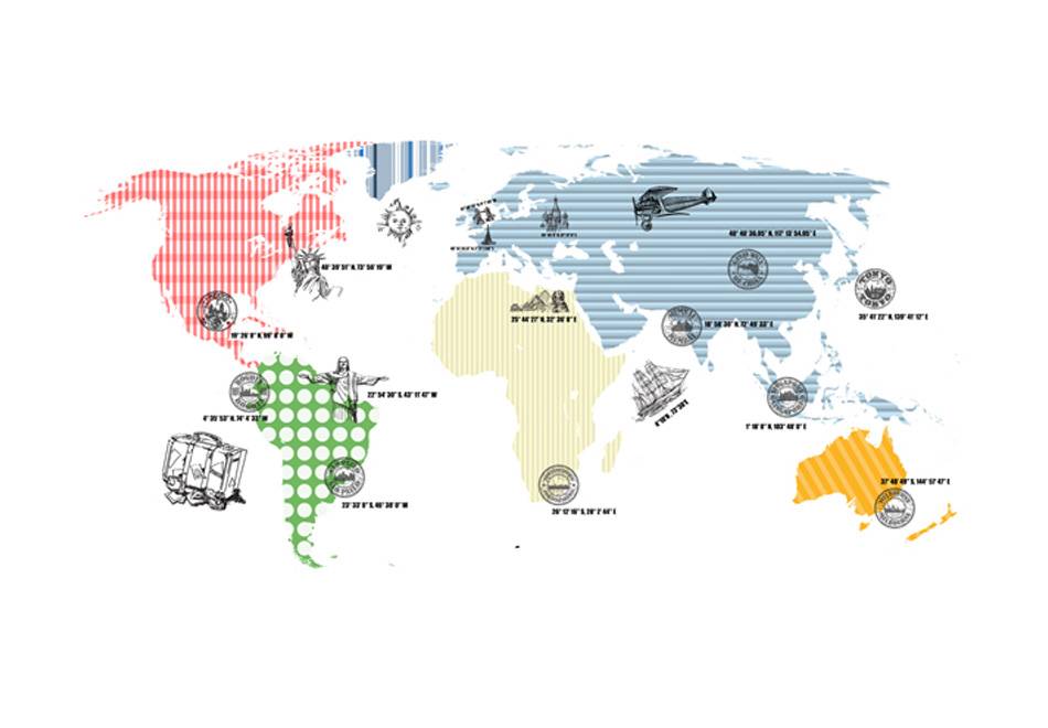 Fotobehang - Vliesbehang - Cosmopolitan, Wereldkaart met symbolen, Multikleur, eenvoudig aan te bren
