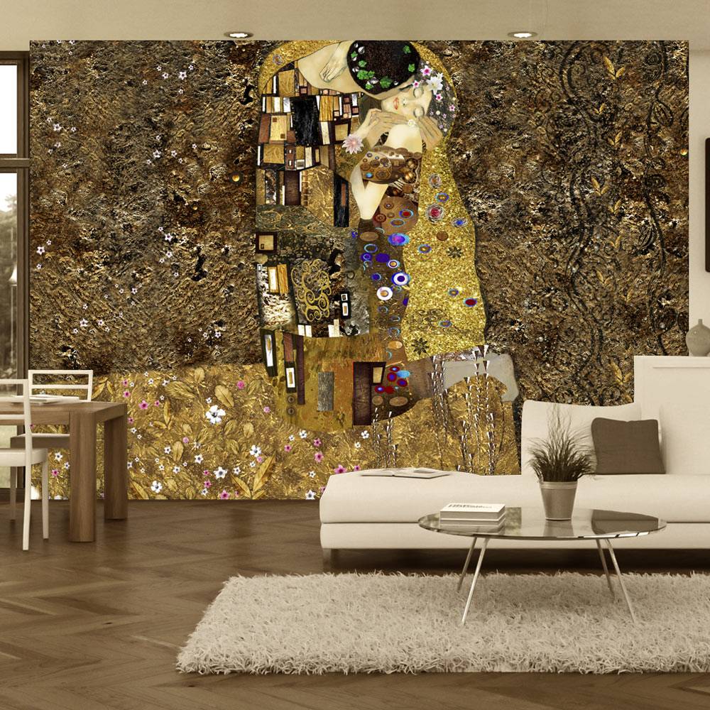 Fotobehang - Gustav Klimt inspiration: Gouden kus, goud look/bruin, Vliesbehang, 5 maten, voor woon en slaapkamer, instructies bijgesloten, gemakkelijk aan te brengen afbeelding