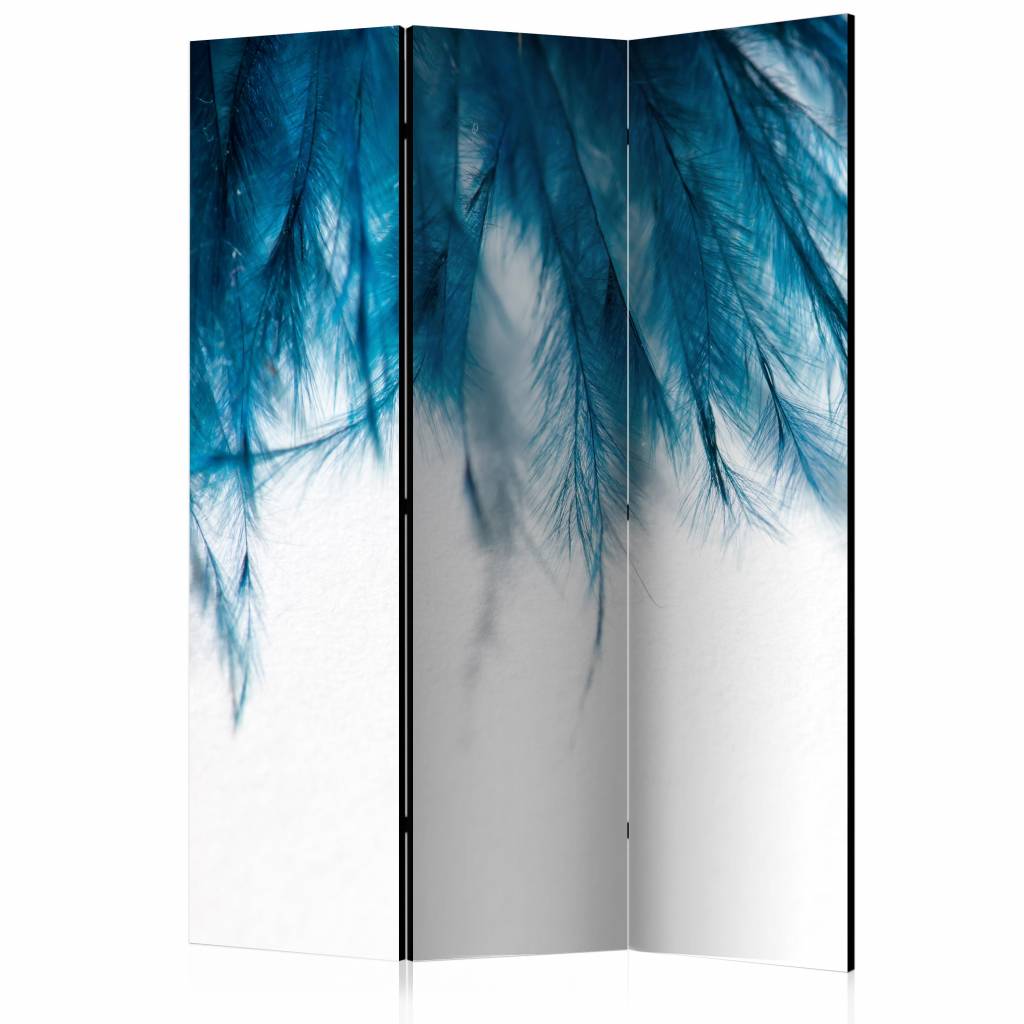 Vouwscherm / Kamerscherm - Blauwe veren 135x172cm gemonteerd geleverd, dubbelzijdig geprint afbeelding