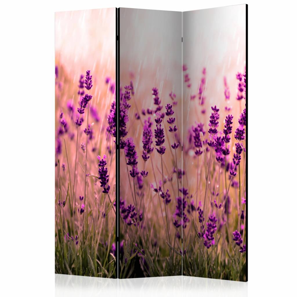 Vouwscherm - Lavendel in de regen 135x172cm , gemonteerd geleverd (kamerscherm) dubbelzijdig geprint