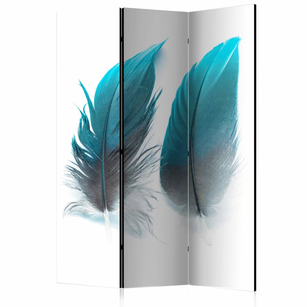 Vouwscherm / Kamerscherm - Blauwe veren 135x172 cm , gemonteerd geleverd dubbelzijdig geprint afbeelding