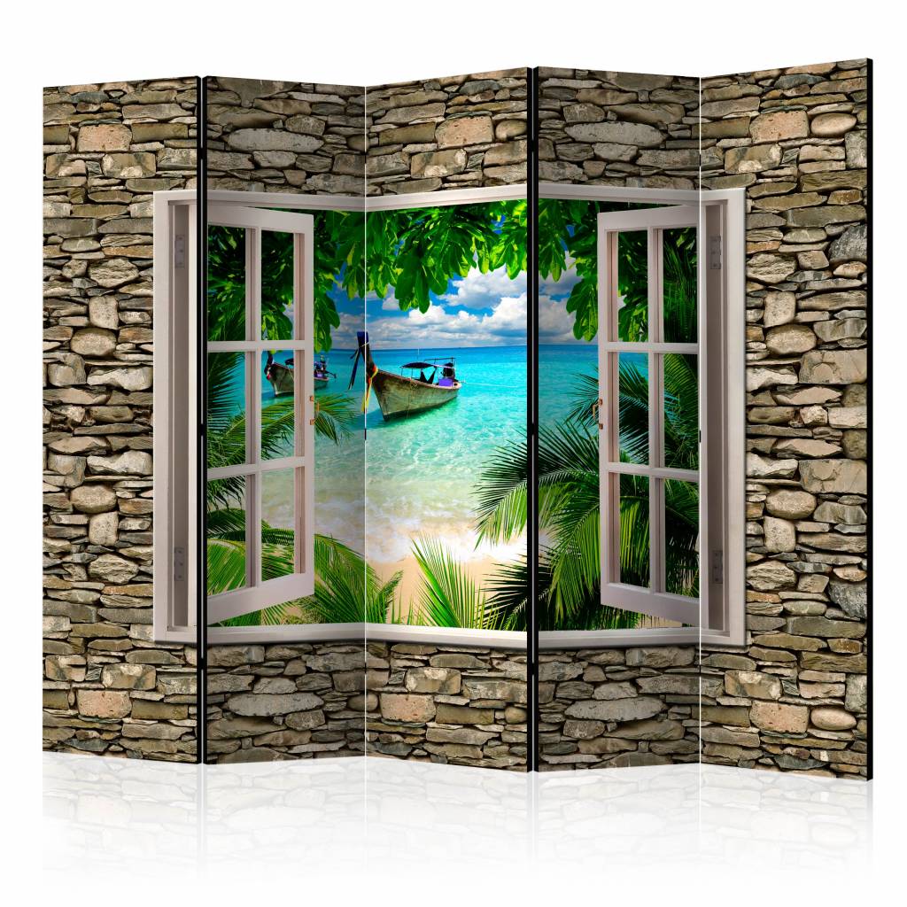 Vouwscherm / Kamerscherm - Uitzicht op tropisch strand 225x172cm , gemonteerd geleverd dubbelzijdig geprint afbeelding