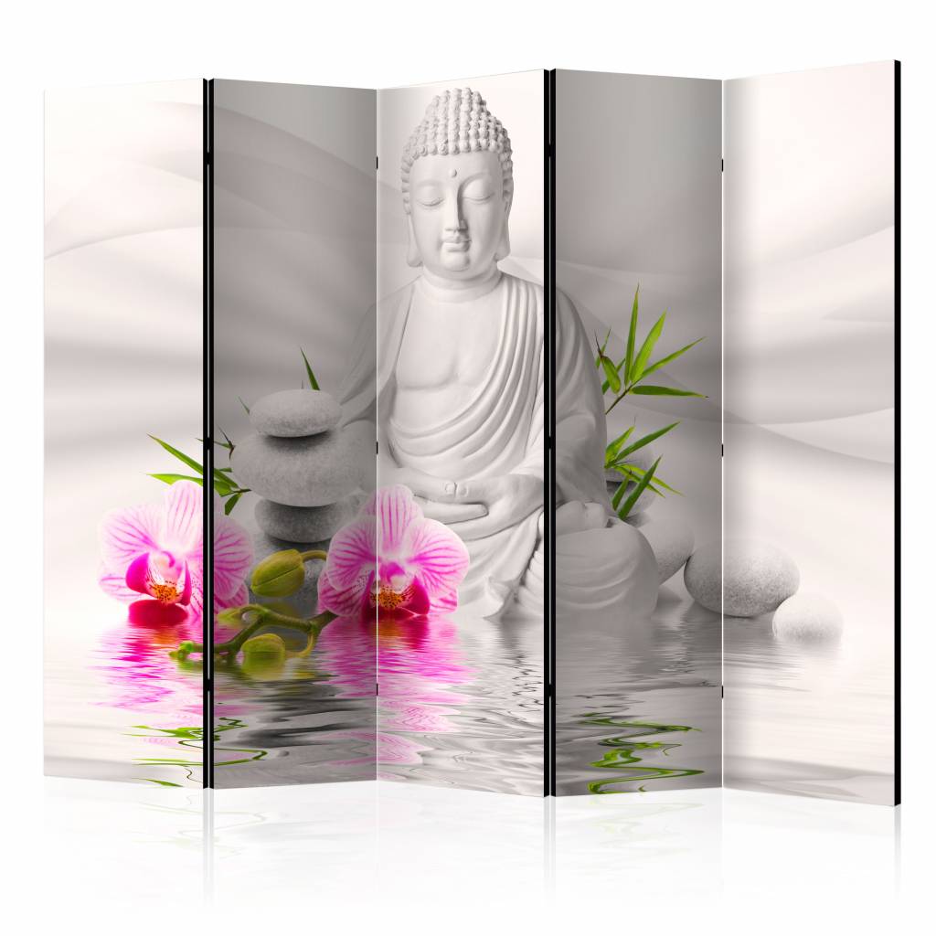 Vouwscherm / Kamerscherm - Boeddha en Orchidee 225x172cm , gemonteerd geleverd, dubbelzijdig geprint afbeelding