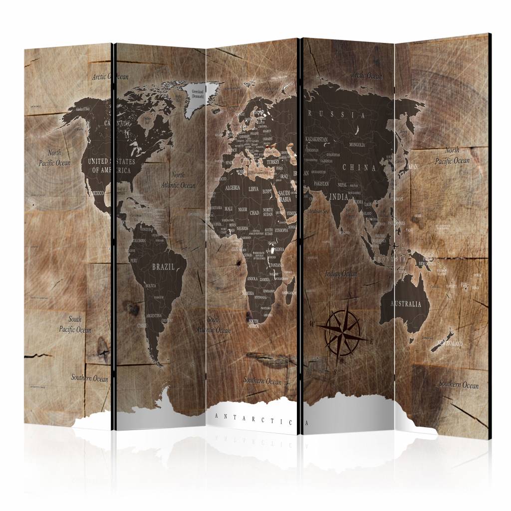 Vouwscherm / Kamerscherm - Wereldkaart 225x172cm , gemonteerd geleverd, dubbelzijdig geprint afbeelding