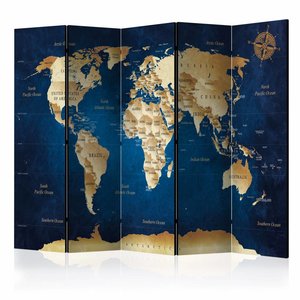 Vouwscherm / Kamerscherm - De blauwe dieptes , Wereldkaart 225x172cm , gemonteerd geleverd , dubbelzijdig geprint Vouwscherm / Kamerscherm - De blauwe dieptes , Wereldkaart 225x172cm , gemonteerd geleverd , dubbelzijdig geprint