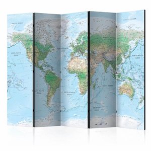 Vouwscherm / Kamerscherm - Wereldkaart in lichte kleuren ,  225x172cm , gemonteerd geleverd, dubbelzijdig geprint