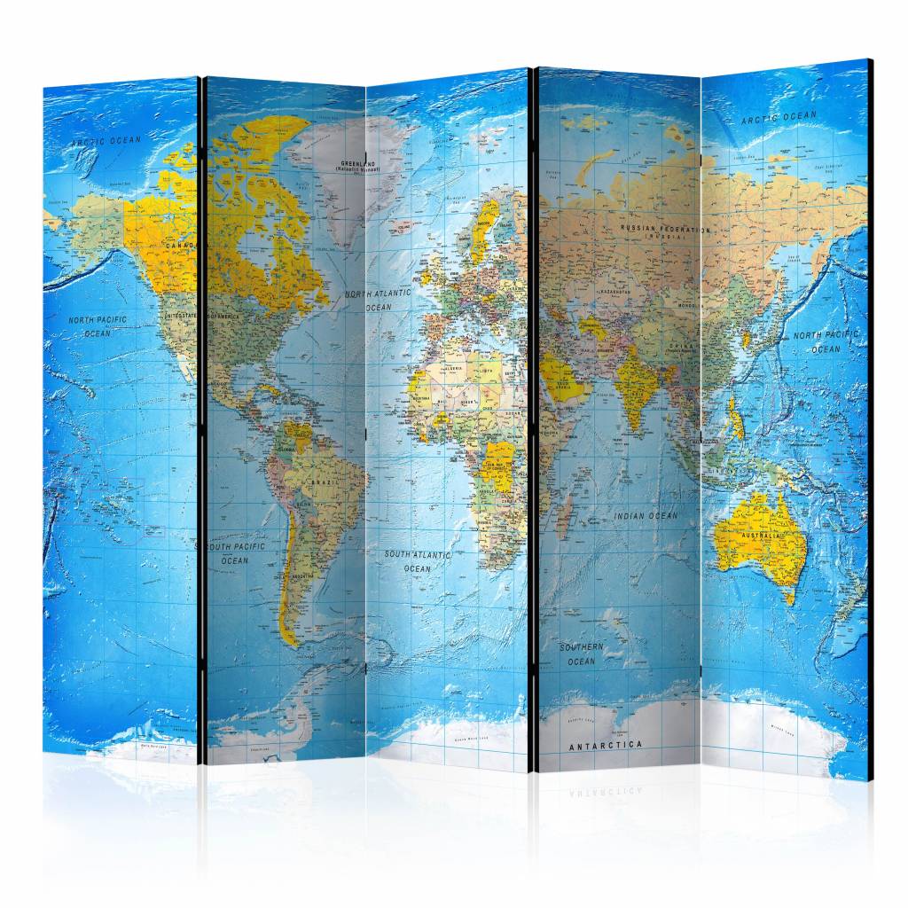 Vouwscherm / Kamerscherm - Wereldkaart 225x172cm , gemonteerd geleverd, dubbelzijdig geprint afbeelding