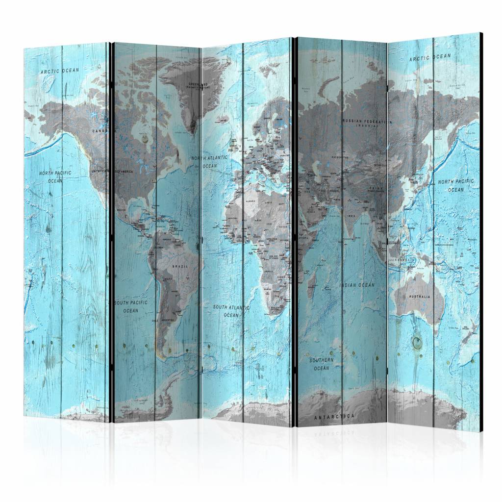 Vouwscherm / Kamerscherm - Wereldkaart in grijs en blauw , 225x172cm , gemonteerd geleverd, dubbelzijdig geprint afbeelding