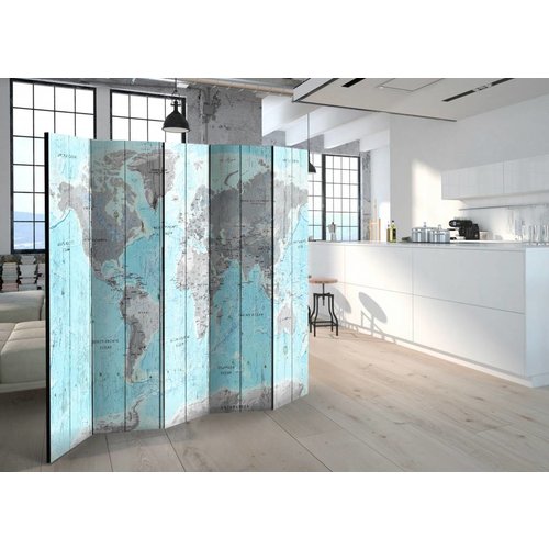 Vouwscherm / Kamerscherm - Wereldkaart  in grijs en blauw ,  225x172cm  , gemonteerd geleverd, dubbelzijdig geprint