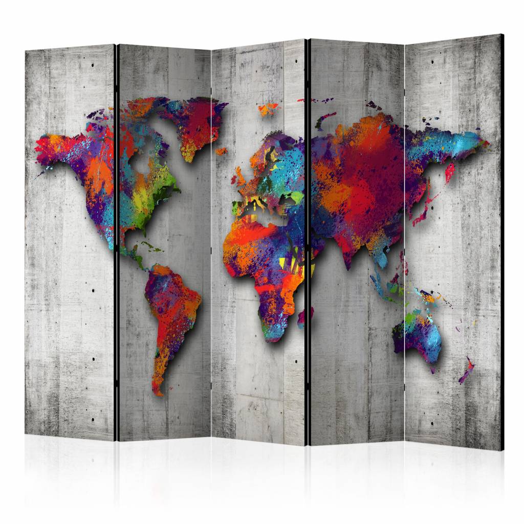 Vouwscherm / Kamerscherm - Wereld op beton 225x172cm , gemonteerd geleverd, dubbelzijdig geprint afbeelding