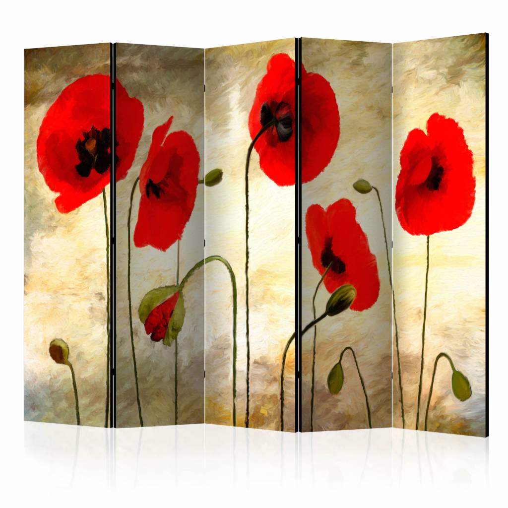 Vouwscherm / Kamerscherm - Klaprozen tegen gouden achtergrond 225x172cm , gemonteerd geleverd, dubbelzijdig geprint afbeelding