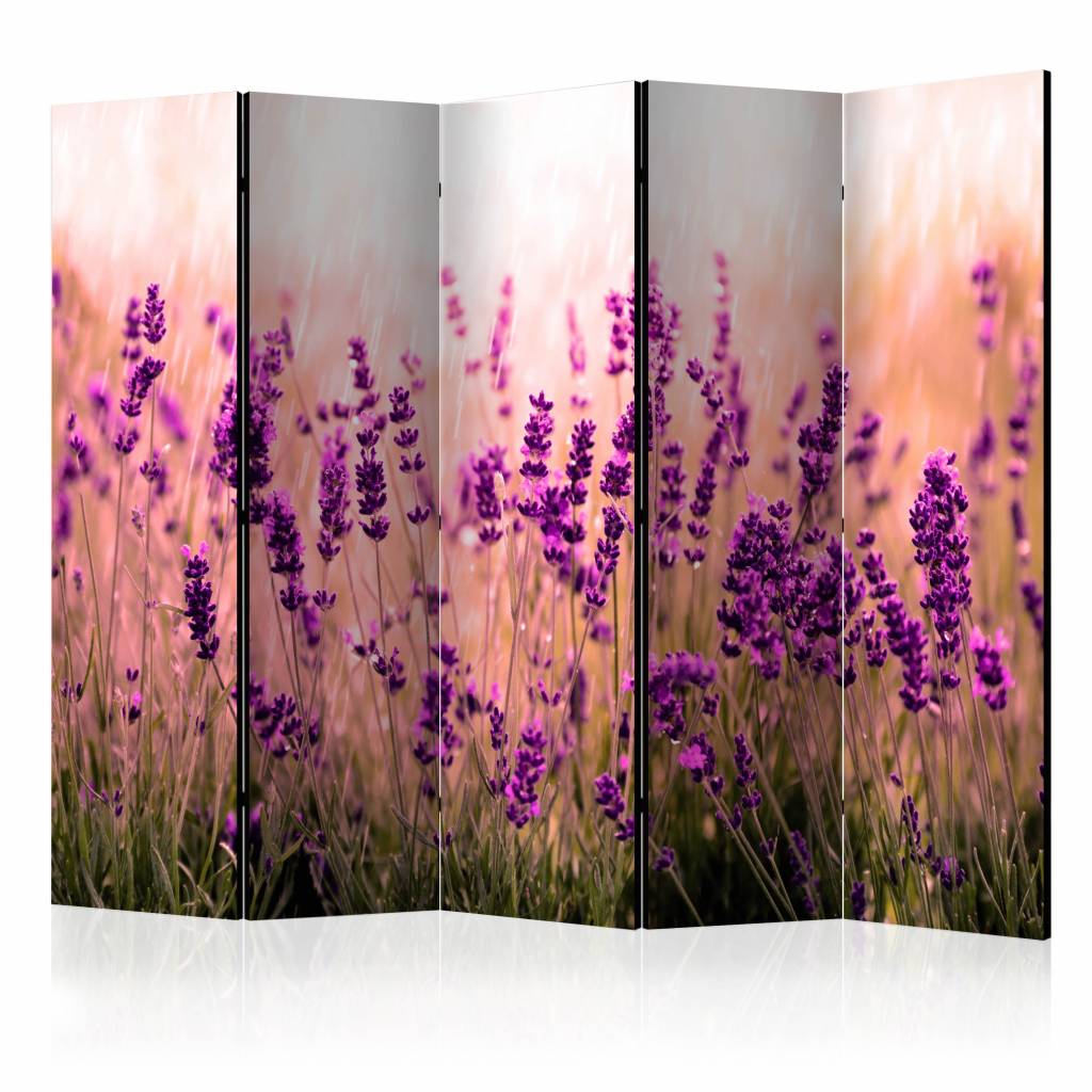 Vouwscherm / Kamerscherm - Lavendel in de regen 225x172cm , gemonteerd geleverd, dubbelzijdig geprint afbeelding