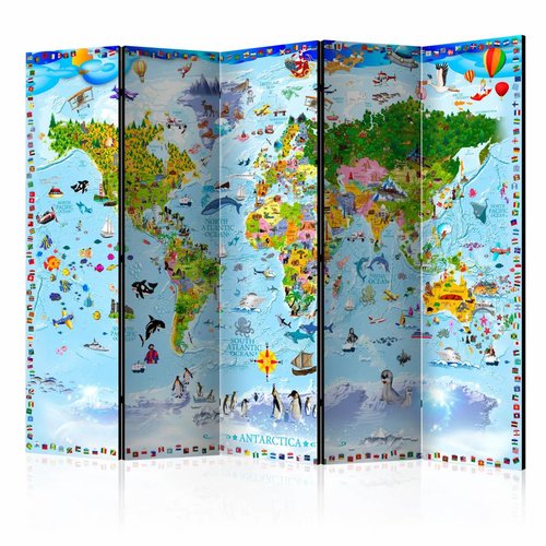 Vouwscherm / Kamerscherm - Wereldkaart voor kinderen 225x172cm, gemonteerd geleverd, dubbelzijdig geprint