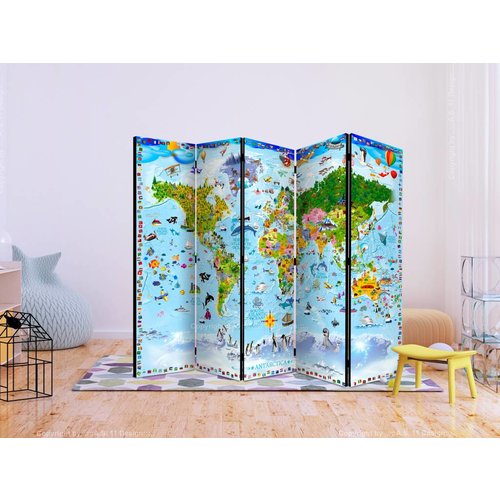 Vouwscherm / Kamerscherm - Wereldkaart voor kinderen 225x172cm, gemonteerd geleverd, dubbelzijdig geprint