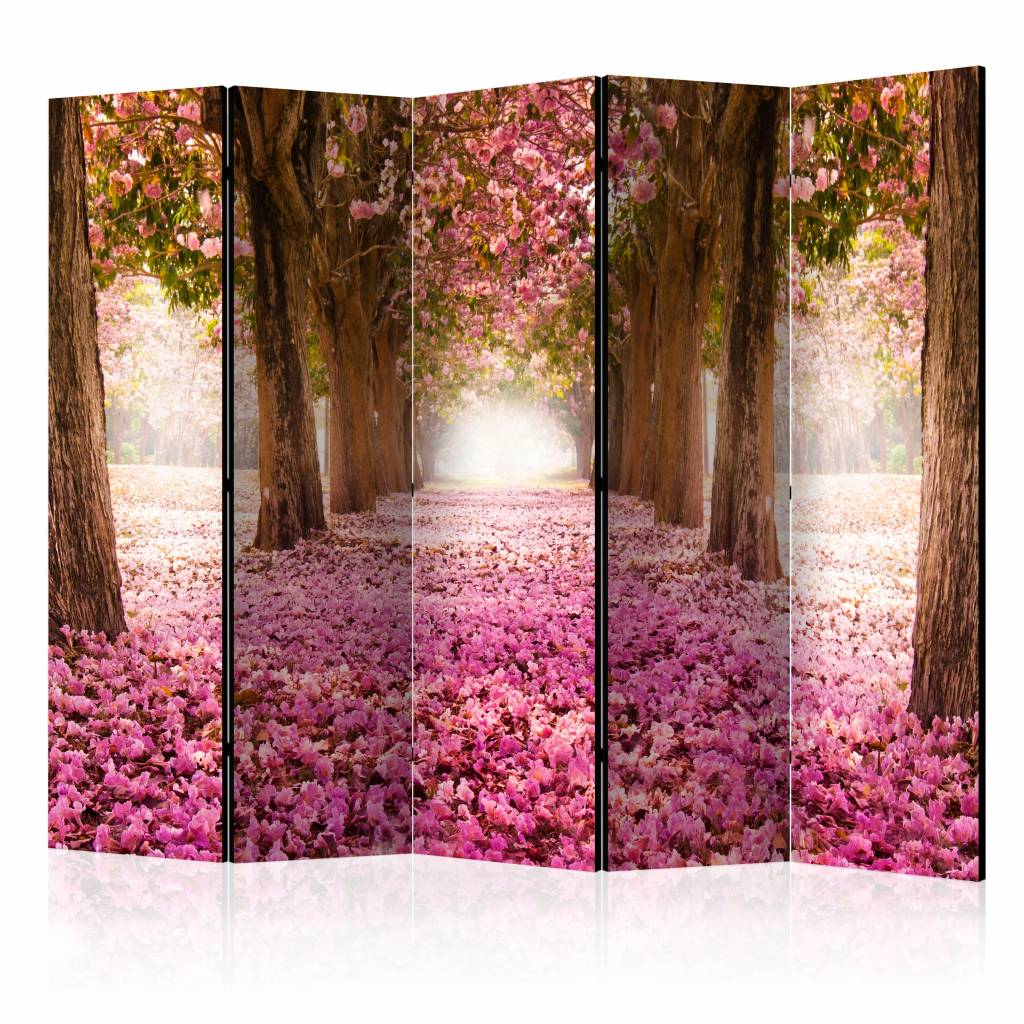 Vouwscherm - Roze bloemenlaan 225x172cm, gemonteerd geleverd, dubbelzijdig geprint (kamerscherm)