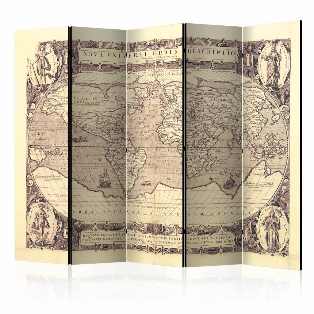 Vouwscherm / Kamerscherm - Nova Universi Orbis Descriptio, wereldkaart 225x172cm , gemonteerd geleverd, dubbelzijdig geprint afbeelding