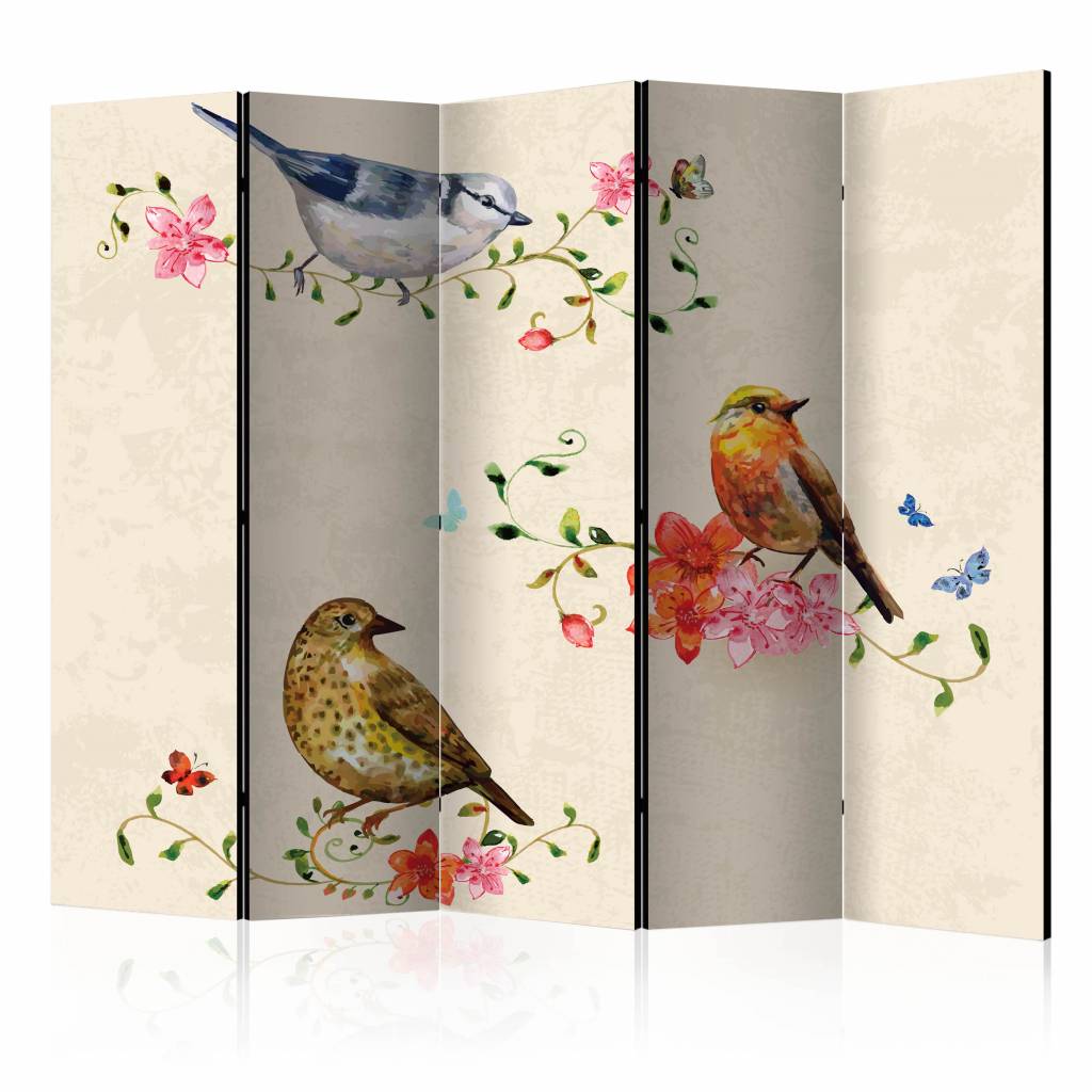 Vouwscherm / Kamerscherm - Lied van vogels 225x172cm, gemonteerd geleverd, dubbelzijdig geprint Vouwscherm / Kamerscherm - Lied van vogels 225x172cm, gemonteerd geleverd, dubbelzijdig geprint