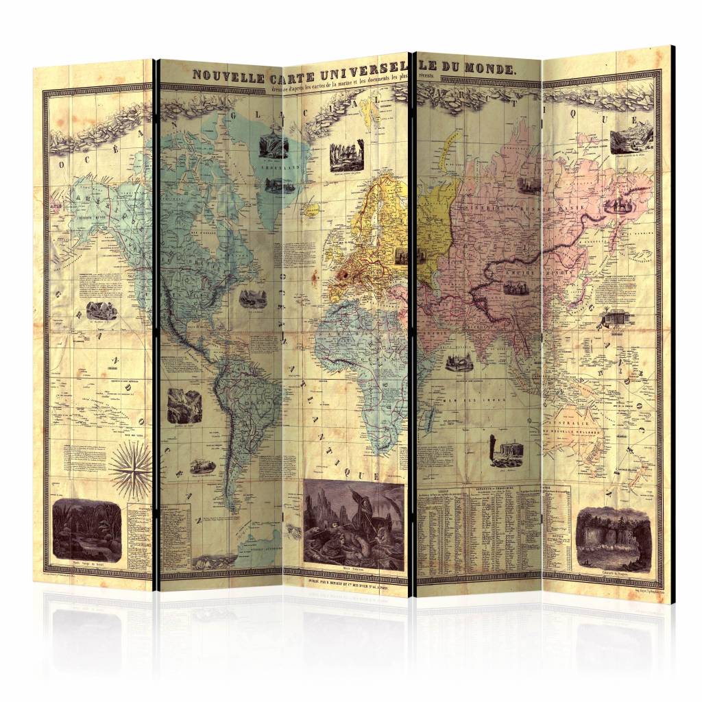 Vouwscherm / Kamerscherm - Wereldkaart 225x172cm , gemonteerd geleverd, dubbelzijdig geprint afbeelding