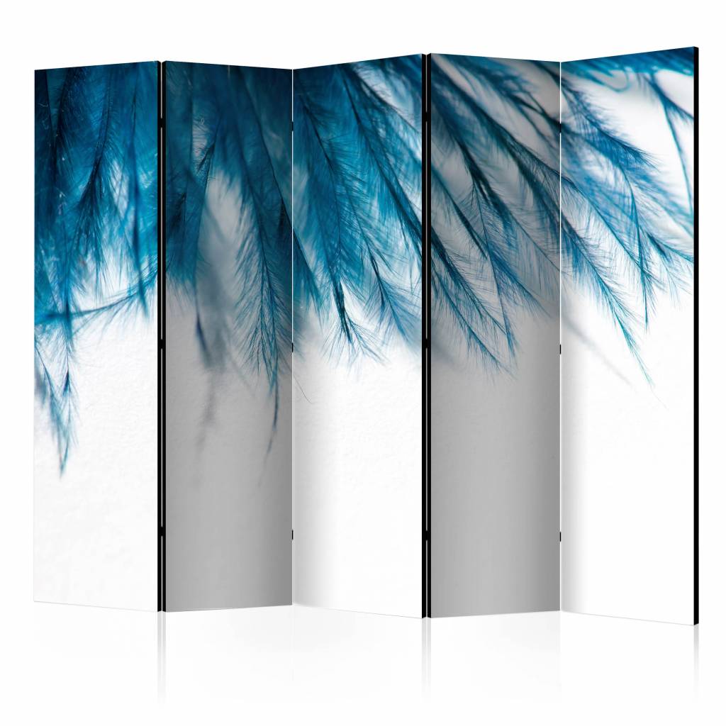 Vouwscherm / Kamerscherm - Blauwe veren 225x172cm , gemonteerd geleverd, dubbelzijdig geprint afbeelding