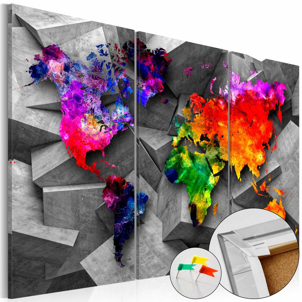 Afbeelding op kurk - Wereldkaart Op Abstracte Achtergrond, Multikleur , 3luik afbeelding