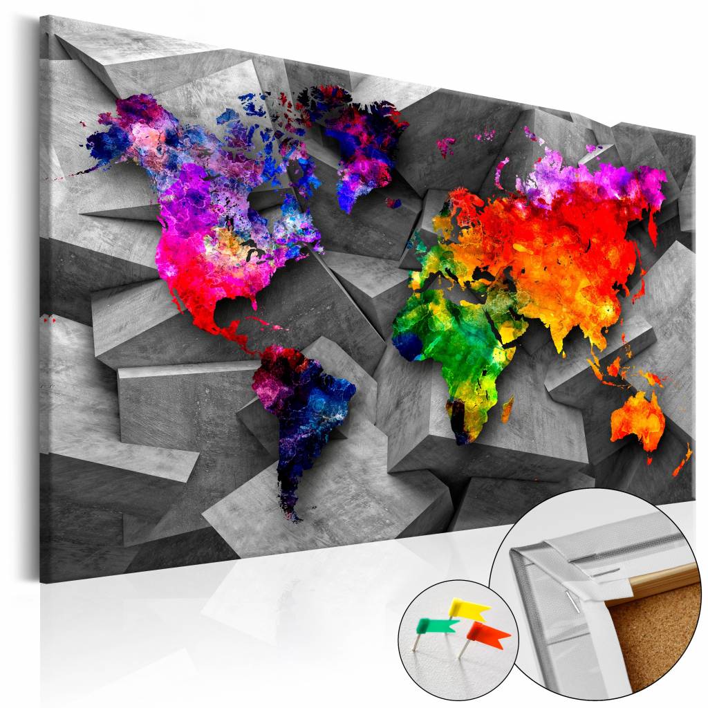 Afbeelding op kurk - Wereld op Kubussen, Wereldkaart, Multikleur , 1luik