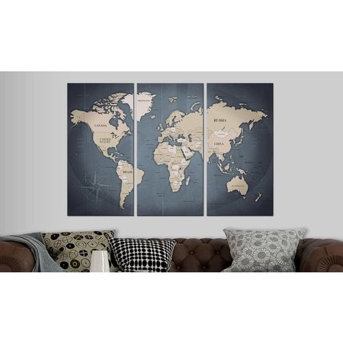 Afbeelding op kurk - Anthracitic World , Wereldkaart, Blauw/Grijs,3luik