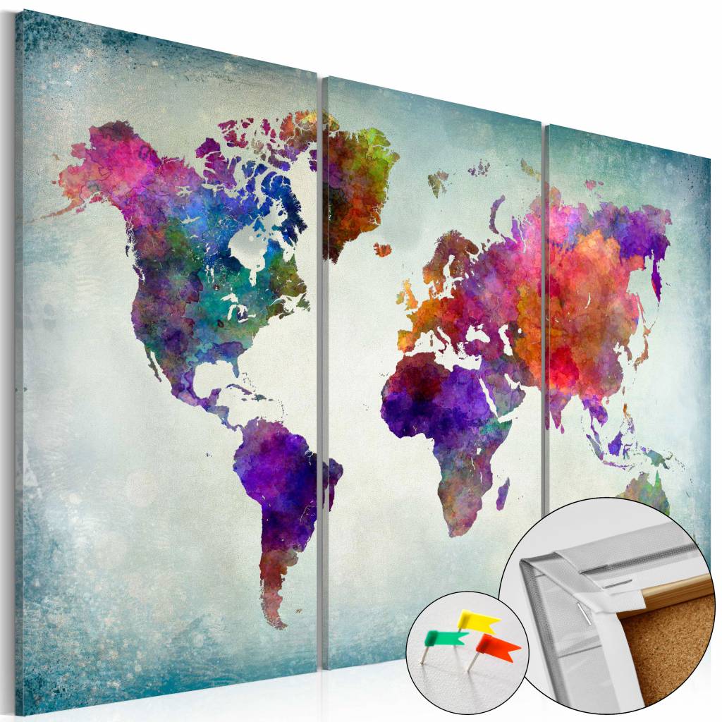 Afbeelding op kurk - Wereld in Kleuren, Wereldkaart, Multikleur, 3luik afbeelding