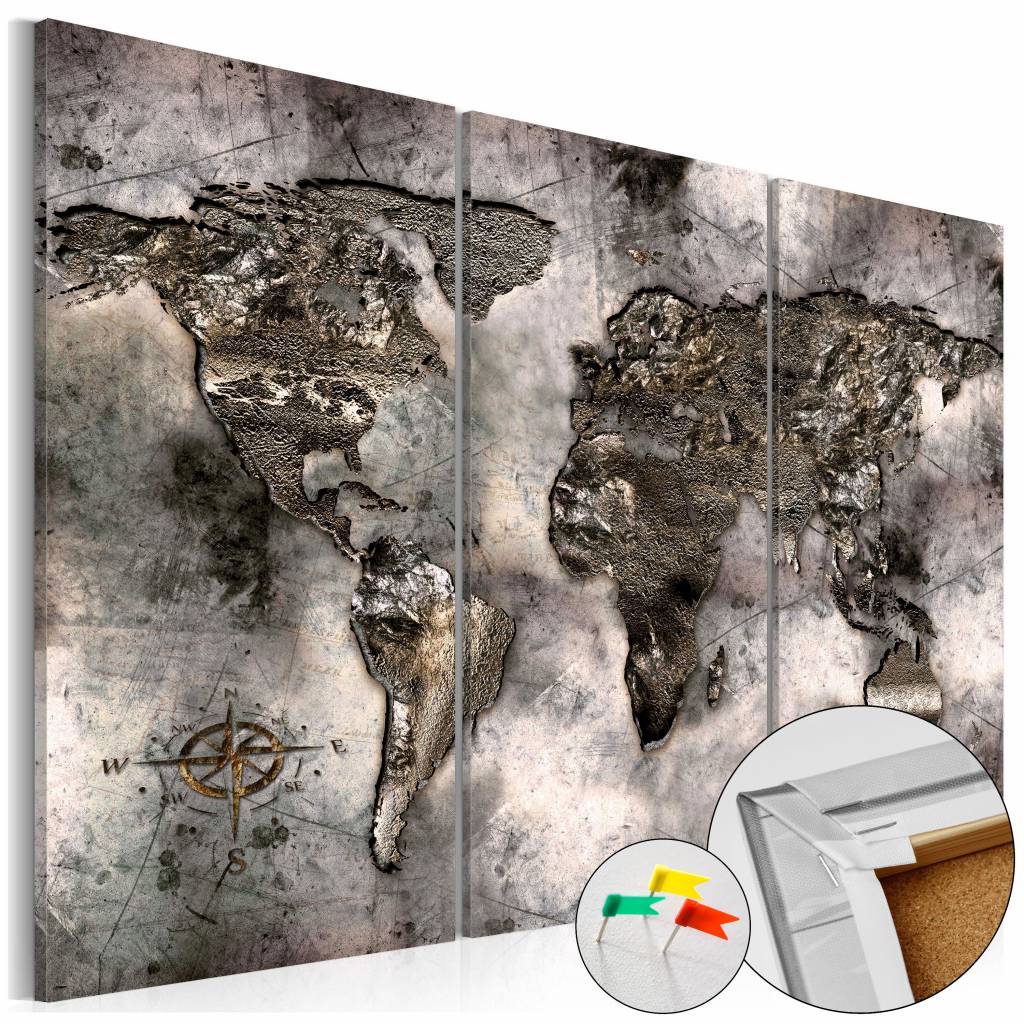 Afbeelding op kurk - Opalescent Map , Wereldkaart, Grijs, 3luik afbeelding