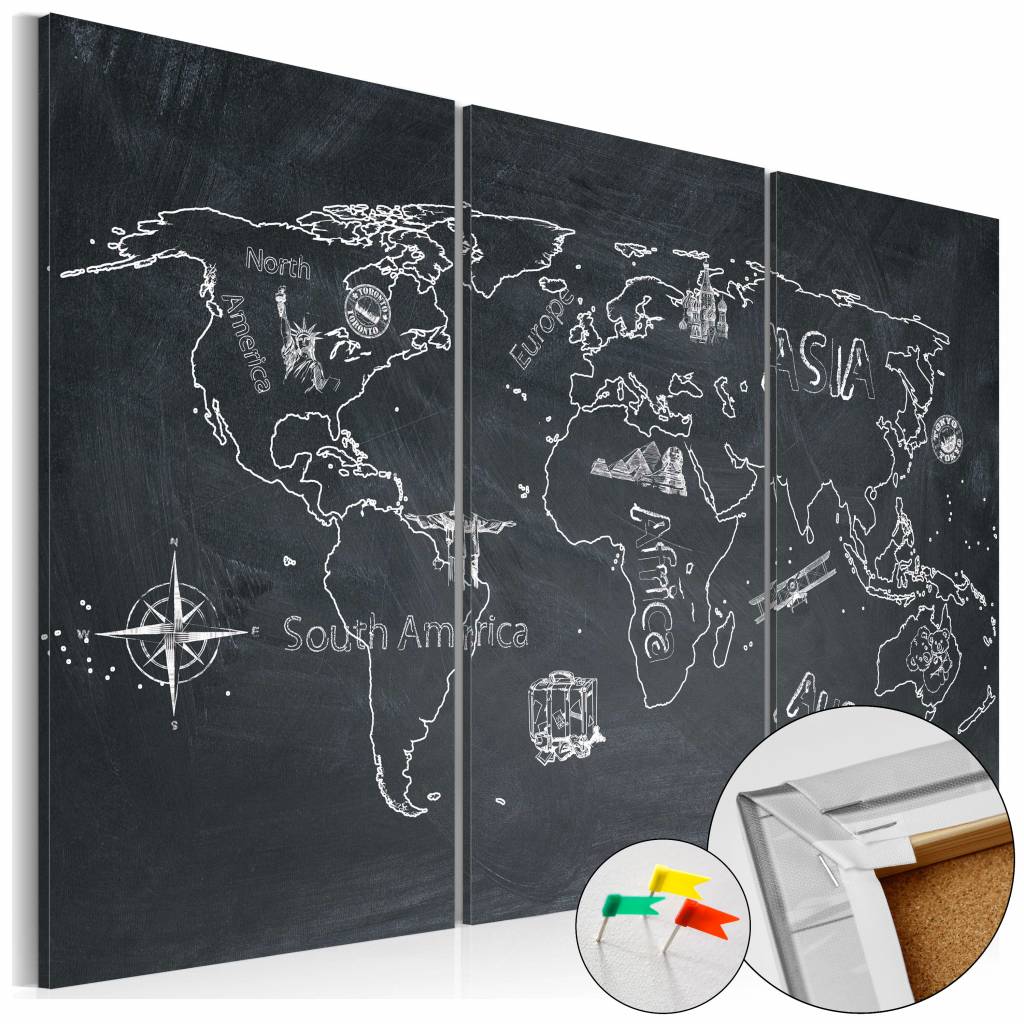 Afbeelding op kurk - Reizen Verruimt De Geest, Wereldkaart, Schoolbord look,3luik afbeelding