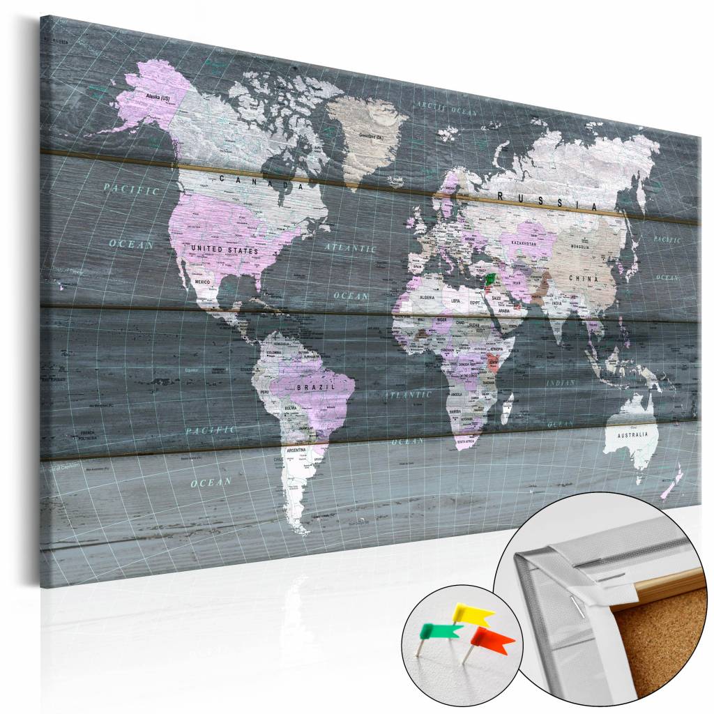 Afbeelding op kurk - De wereld op Planken, Wereldkaart, Grijs, Hout Look op Doek, 1luik