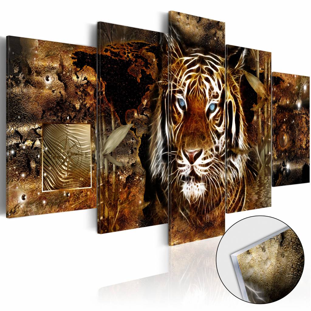 Afbeelding op acrylglas - Gouden jungle, Tijger, Goud/Oranje, 5luik afbeelding