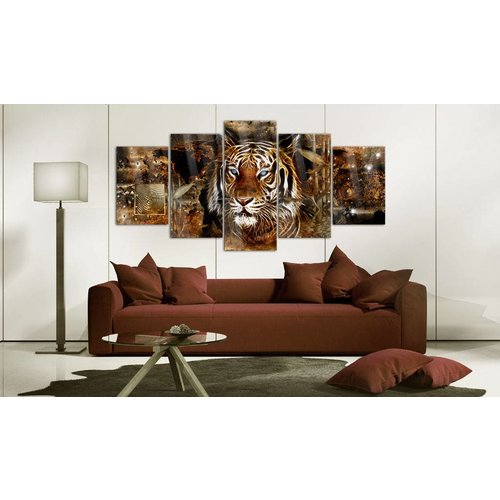 Afbeelding op acrylglas - Gouden jungle, Tijger, Goud/Oranje,   5luik